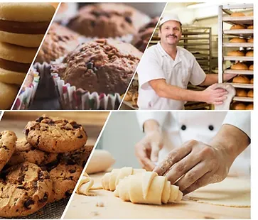 A collage of bread, cookies, croissants,
