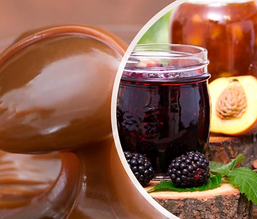 Caramel sauce and strawberry jam.