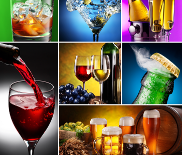 A collage of differents beberages drinks line wine, beer and champagne.